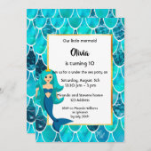 10th Mermaid Birthday party invitation turquoise (Front/Back)