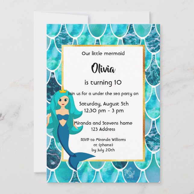 10th Mermaid Birthday party invitation turquoise (Front)