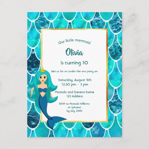 10th Mermaid Birthday party invitation turquoise Postcard