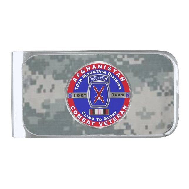 10th Mountain Division Afghanistan Veteran Silver Finish Money Clip (Front)