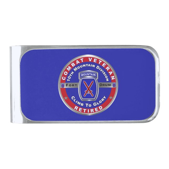 10th Mountain Division Retired Veteran Silver Finish Money Clip (Front)