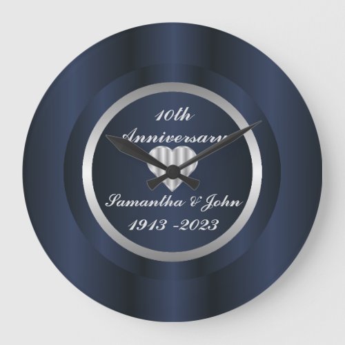 10th Navy Blue Silver Wedding Anniversary Large Clock