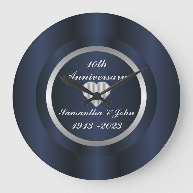 10th Navy Blue Silver Wedding Anniversary Large Clock (Front)