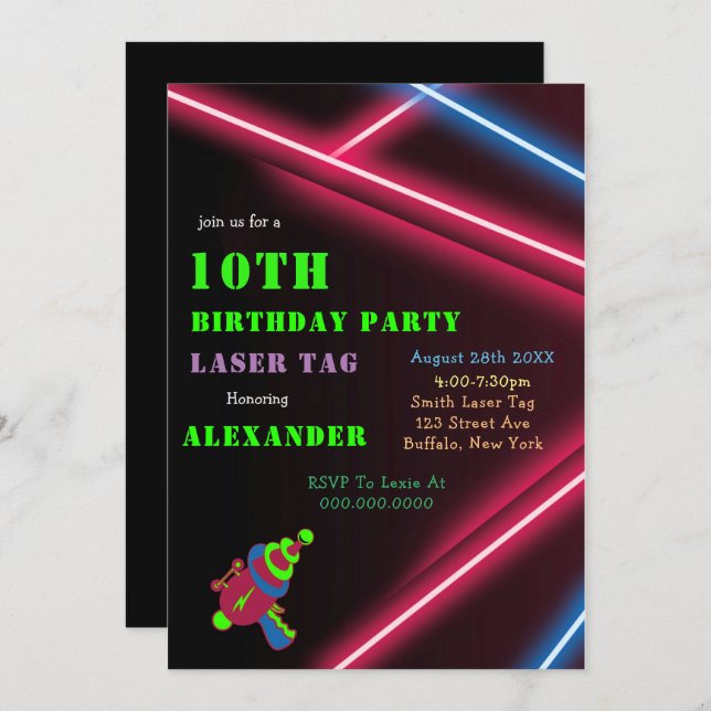 10th Neon Birthday Laser Tag Party Invitations  (Front/Back)