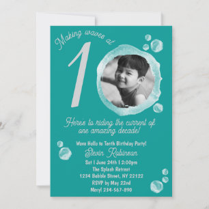 10th Ocean Teal Bubble Birthday Party Invitation