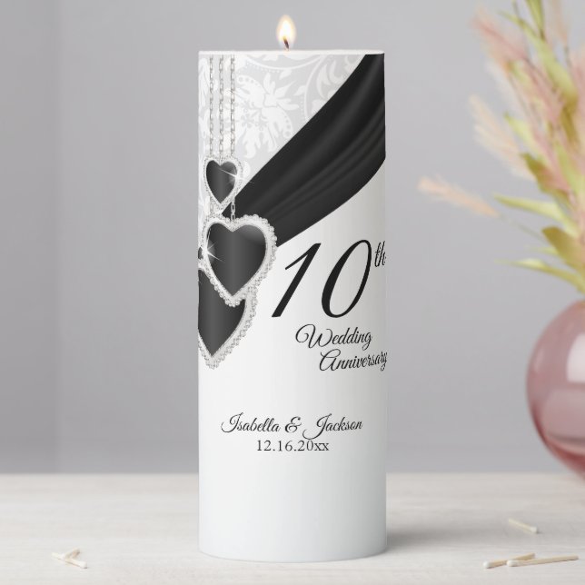 10th Onyx and White Damask Wedding Anniversary 3 Pillar Candle (In Situ)