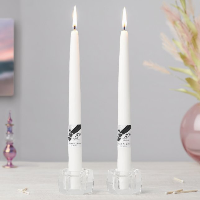 10th Onyx and White Damask Wedding Anniversary Taper Candle (In Situ)