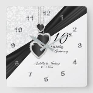 10th Onyx and White Wedding Anniversary Keepsake Square Wall Clock
