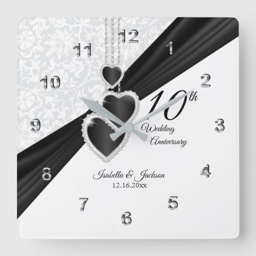 10th Onyx and White Wedding Anniversary Keepsake Square Wall Clock