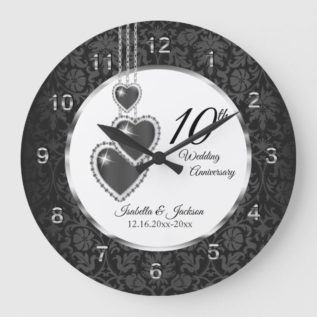 10th Onyx Wedding Anniversary - Black Damask Large Clock (Front)