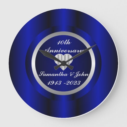 10th Royal Blue Silver Wedding Anniversary Large C Large Clock