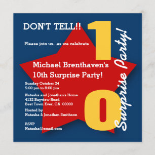 10th SURPRISE Birthday Party RED Star S03 Invitation