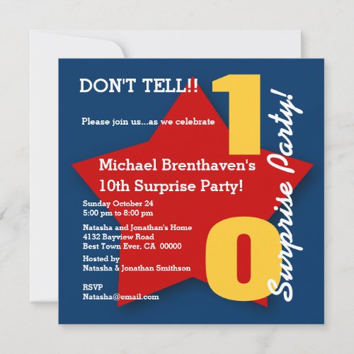 10th SURPRISE Birthday Party RED Star S03 Invitation