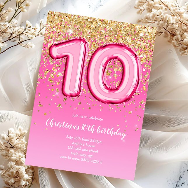 10th Ten Balloon Glitter Birthday Party Invitation (Creator Uploaded)