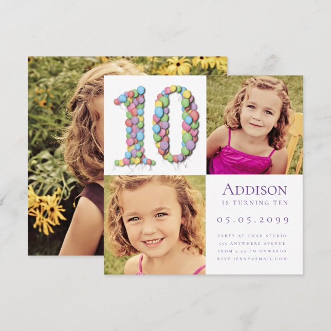 10th Ten Year Old Balloons Birthday Party Photo  I Invitation (Front/Back)