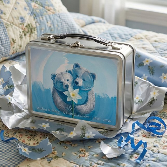 10th Tin Anniversary Bear Couple | Keepsake Memory Metal Lunch Box (A silver and blue 10th wedding anniversary tin gift. Featuring a bear couple holding a daffodil)