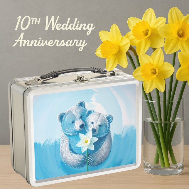 10th Tin Anniversary Bear Couple Metal Lunch Box (10th wedding anniversary Metal Tin lunch box keepsake gift. Daffodil anniversary for ten years)