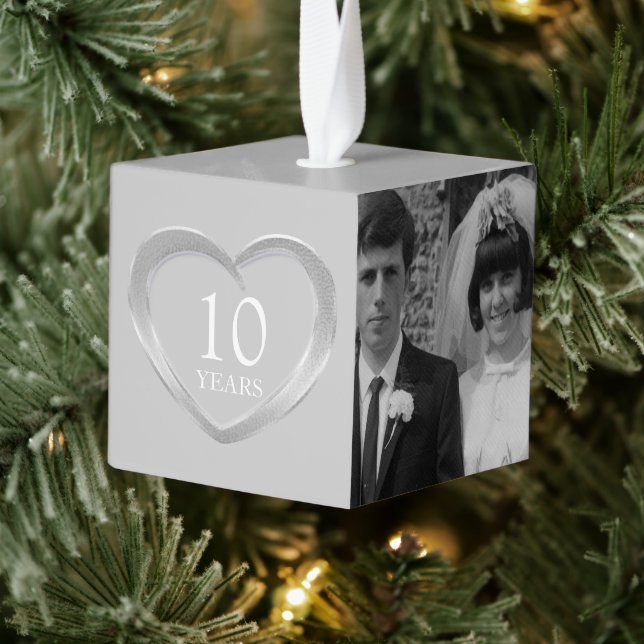 10th tin anniversary heart now and then photo cube ornament (Tree)