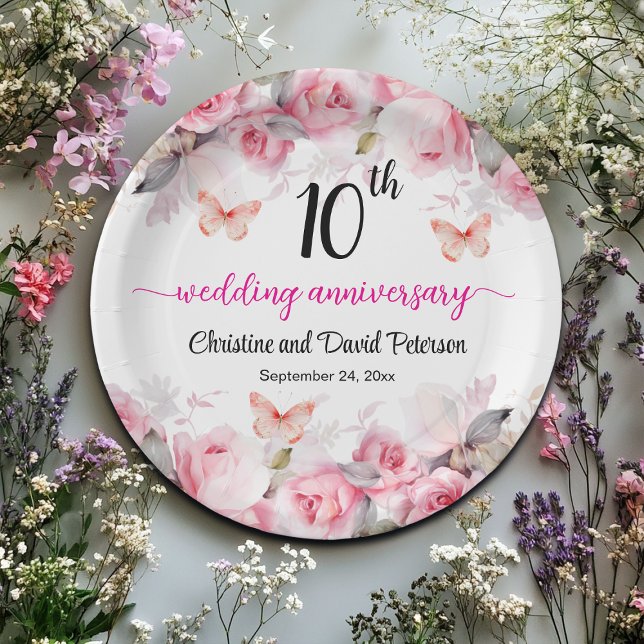 10th Tin Wedding Anniversary Blush Roses Paper Plates (Creator Uploaded)