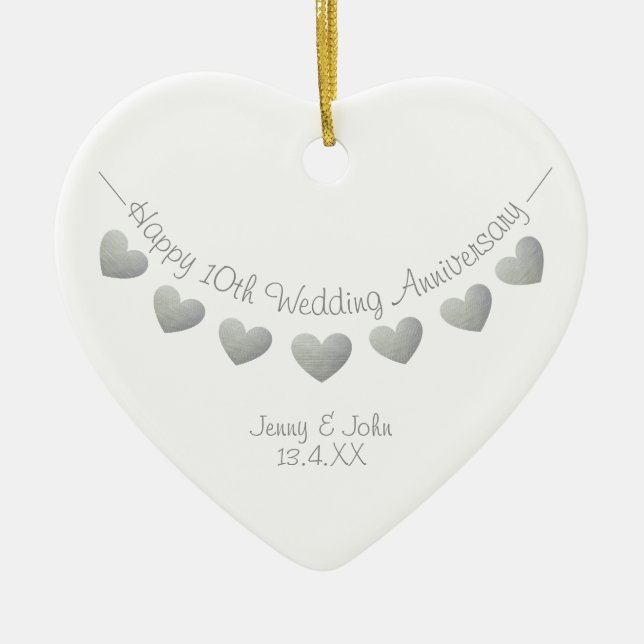 10th tin wedding anniversary bunting heart ceramic ornament (Front)
