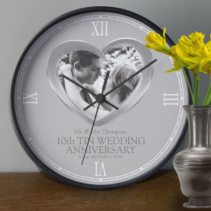 10th tin wedding anniversary custom photo heart clock