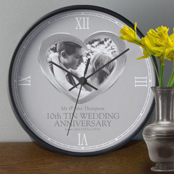 10th Tin Wedding Anniversary Custom Photo Heart Clock by Mylittleeden at Zazzle