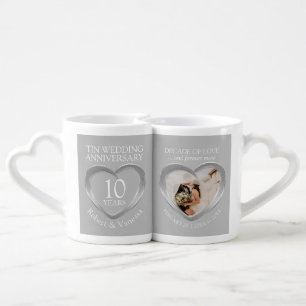 10th Tin wedding anniversary custom photo heart Coffee Mug Set
