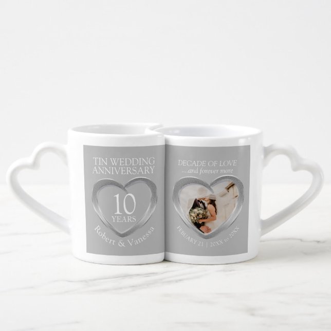 10th Tin wedding anniversary custom photo heart Coffee Mug Set (Back Nesting)