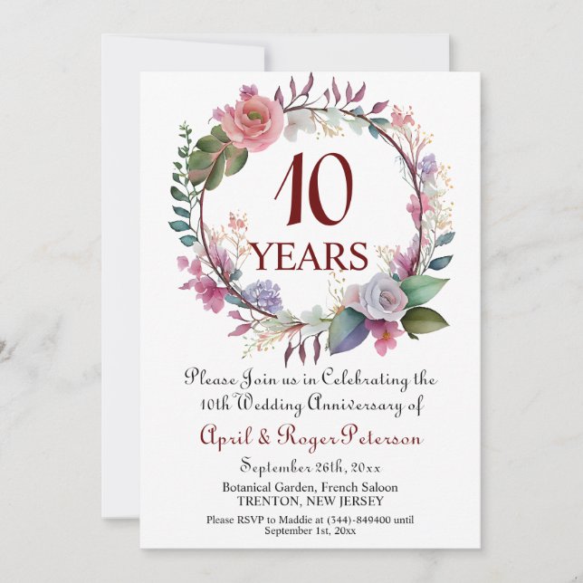 10th Tin Wedding Anniversary Floral Invitation (Front)