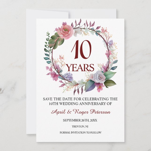 10th Tin Wedding Anniversary Floral Save The Date (Front)