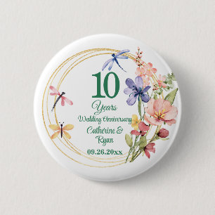 10th Tin Wedding Anniversary Gold Frame Floral Button
