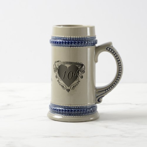 10th Tin Wedding Anniversary Heart Emblem Beer Stein