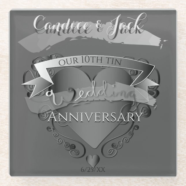 10th Tin Wedding Anniversary Heart Emblem Coaster (Front)