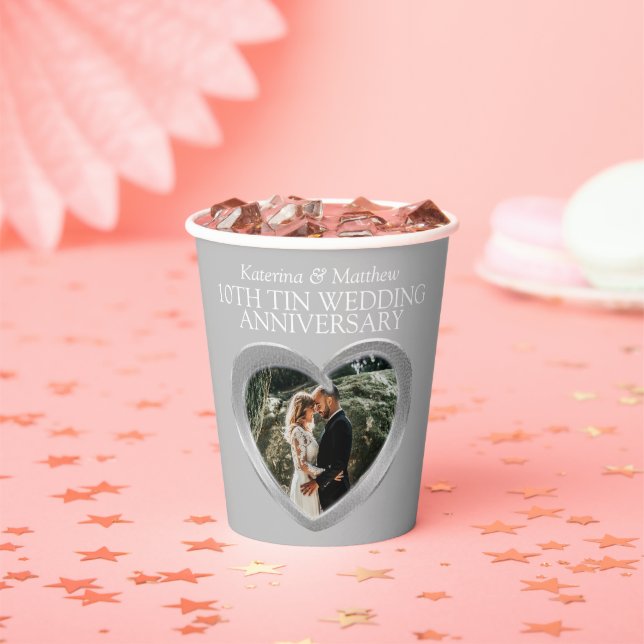 10th Tin Wedding anniversary heart photo gray Paper Cups (Insitu)