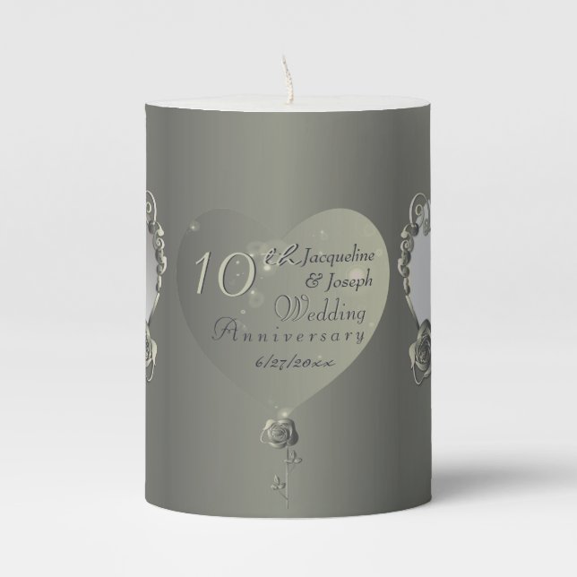 10th Tin Wedding Anniversary Pillar Candle (Front)