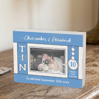 10th Wedding Anniversary 1 photo blue Wooden Box Sign