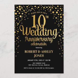 10th Wedding Anniversary - Black & Gold Invitation