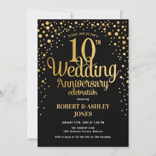 10th Wedding Anniversary _ Black  Gold Invitation