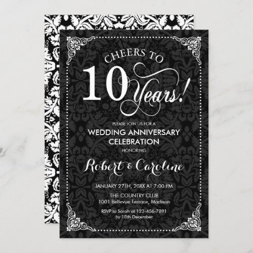 10th Wedding Anniversary _ Black White Damask Invitation