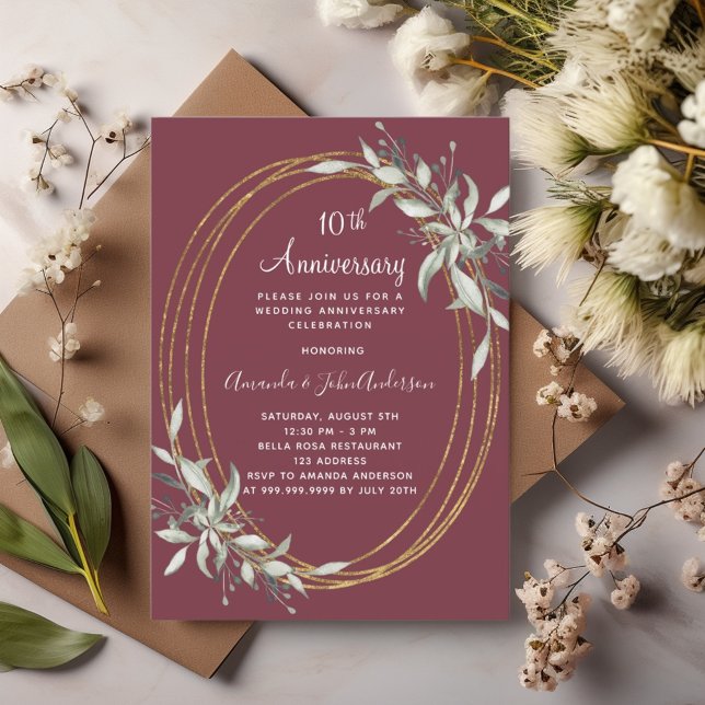 10th wedding anniversary burgundy greenery invitation (Creator Uploaded)