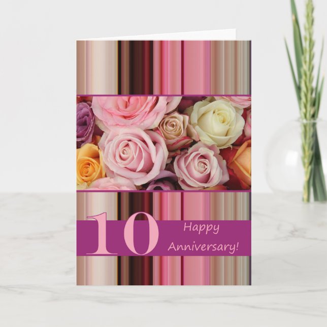 10th Wedding Anniversary Card -Pastel roses stripe (Front)