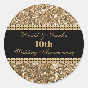 10th Wedding Anniversary Celebration Gold Glitter Classic Round Sticker