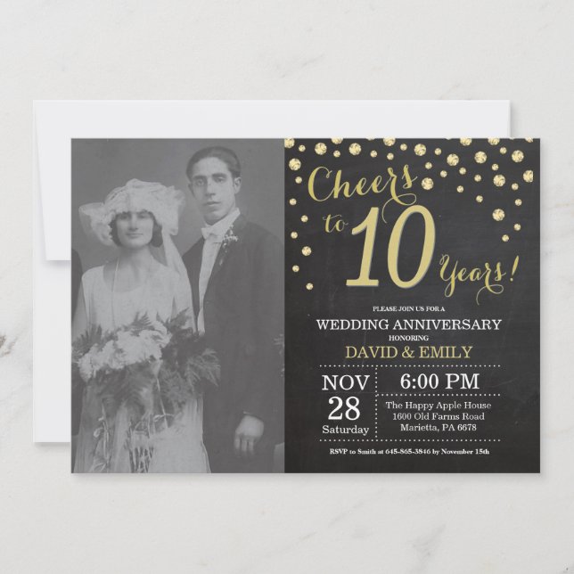 10th Wedding Anniversary Chalkboard Black and Gold Invitation (Front)