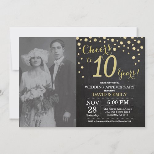 10th Wedding Anniversary Chalkboard Black and Gold Invitation