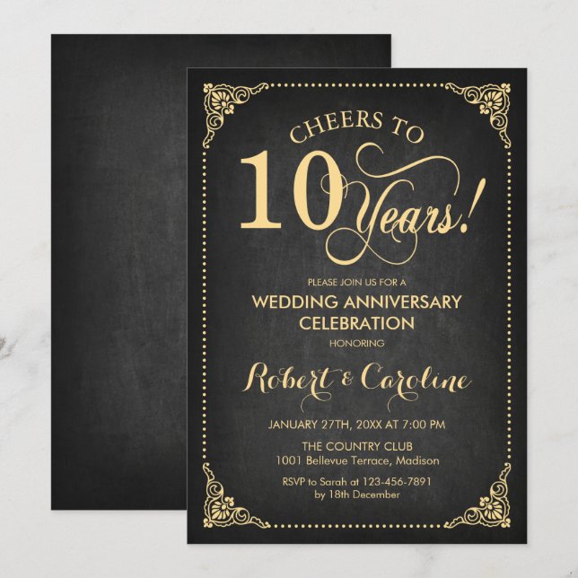 10th Wedding Anniversary - Chalkboard Gold Invitation (Front/Back)