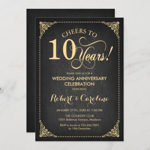 10th Wedding Anniversary _ Chalkboard Gold Invitation