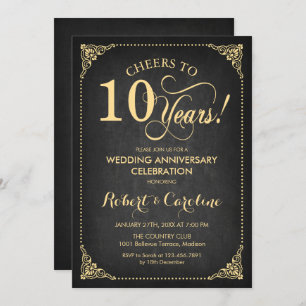 10th Wedding Anniversary - Chalkboard Gold Invitation