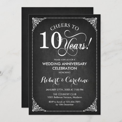10th Wedding Anniversary _ Chalkboard White Invitation