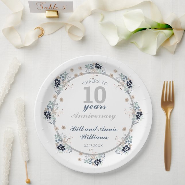 10th Wedding Anniversary Cheers to 10 Years Party  Paper Plates (Wedding)