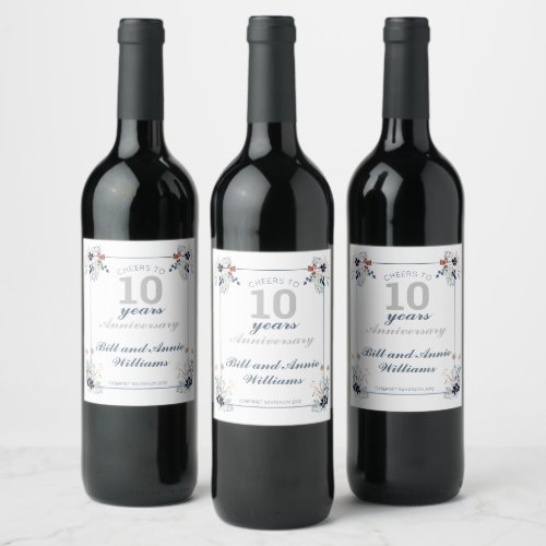 10th Wedding Anniversary Cheers to 10 Years Party  Wine Label